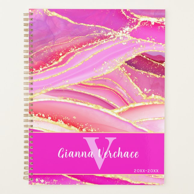 Pink Gold Geode Crystal Marble Abstract Art Planner (Front)