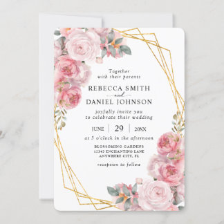 Pink & Gold Geometric Elegant Boho Floral Wedding Invitation
