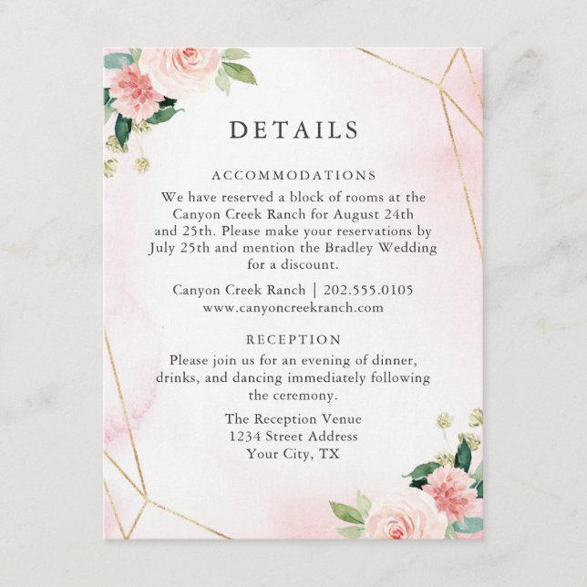 Pink & Gold Geometric Floral Guest Details Card (Front)