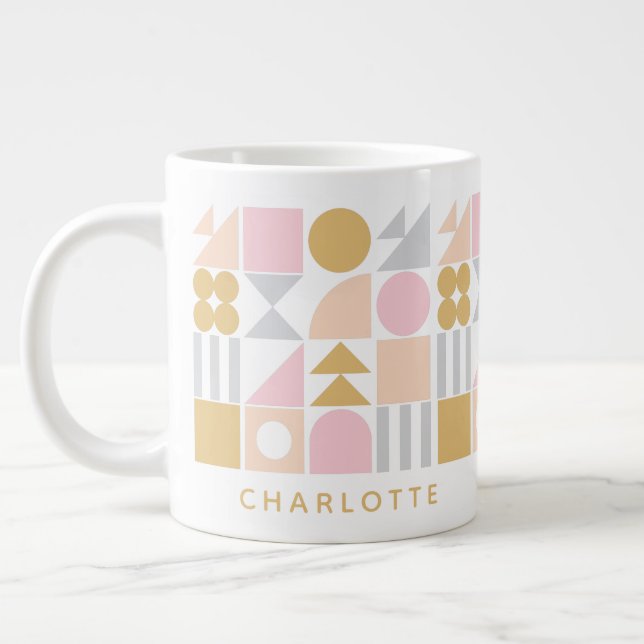 Pink Gold Geometric Shapes Monogram Name Custom Large Coffee Mug (Left)