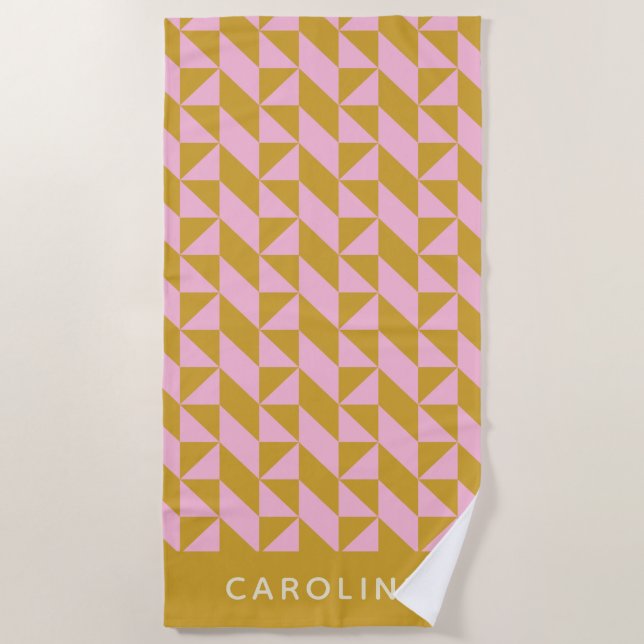 Pink Gold Geometric Shapes Pattern Personalised Beach Towel (Front)