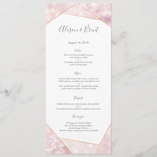 Pink gold geometric Wedding Menu or Program Card (Front)
