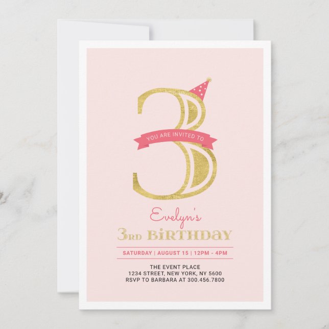 Pink & Gold |  Girl 3rd Birthday Party Invitation (Front)