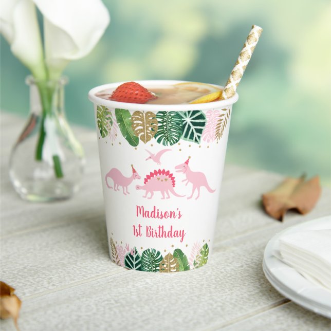 Pink Gold Girl Dinosaur Birthday Paper Cups (Insitu)