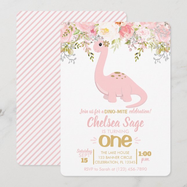 Pink & Gold Girl Dinosaur Floral Birthday Invitation (Front/Back)