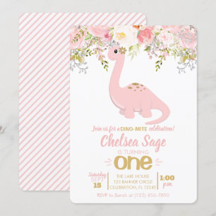Pink & Gold Girl Dinosaur Floral Birthday Invitation