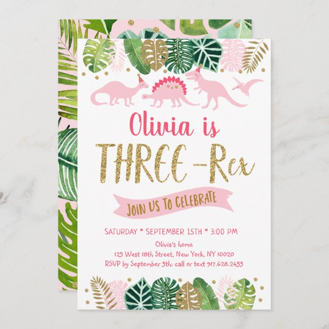 Pink Gold Girl Dinosaur THREE REX Birthday Invitation (Front/Back)