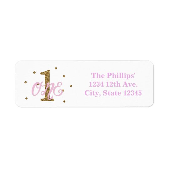 Pink & Gold Girl ONE 1st Birthday Party Invitation Return Address Label
