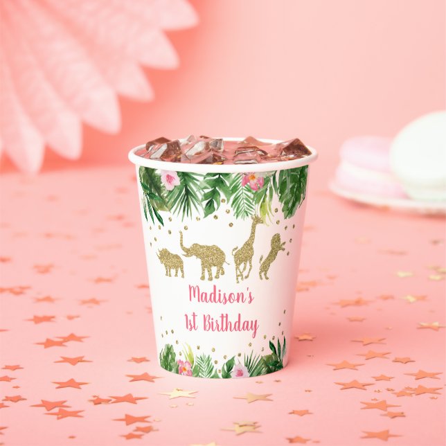 Pink Gold Girl Safari Animal Birthday Paper Cups (Insitu)