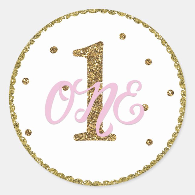 Pink & Gold Girls ONE 1st Birthday Party Favour Classic Round Sticker (Front)