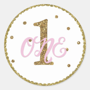 Pink & Gold Girls ONE 1st Birthday Party Favour Classic Round Sticker