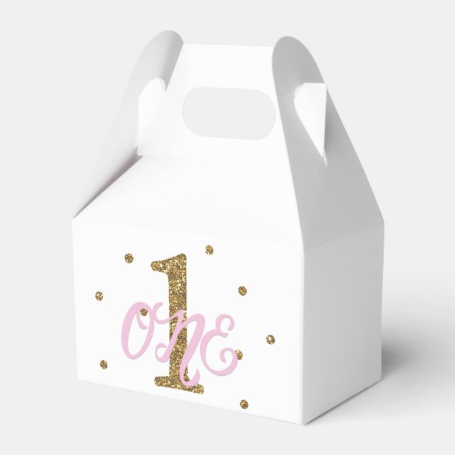Pink & Gold Girls ONE 1st Birthday Party Favour Favour Box (Front Side)