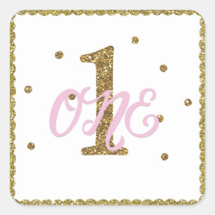 Pink & Gold Girls ONE 1st Birthday Party Favour Square Sticker