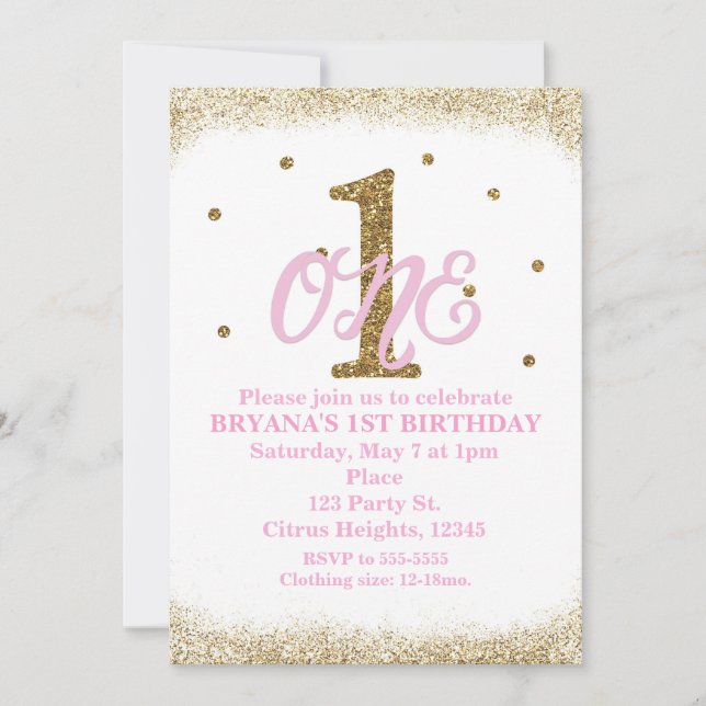 Pink & Gold Girls ONE 1st Birthday Party Invitation (Front)
