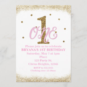 Pink & Gold Girls ONE 1st Birthday Party Invitation