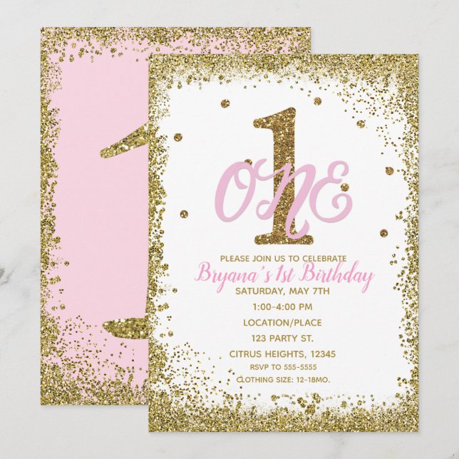 Pink & Gold Girls ONE 1st Birthday Party Invitation (Front/Back)