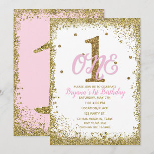 Pink & Gold Girls ONE 1st Birthday Party Invitation
