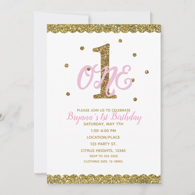 Pink & Gold Girls ONE 1st Birthday Party Invitation (Front)