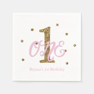 Pink & Gold Girls ONE 1st Birthday Party Napkin