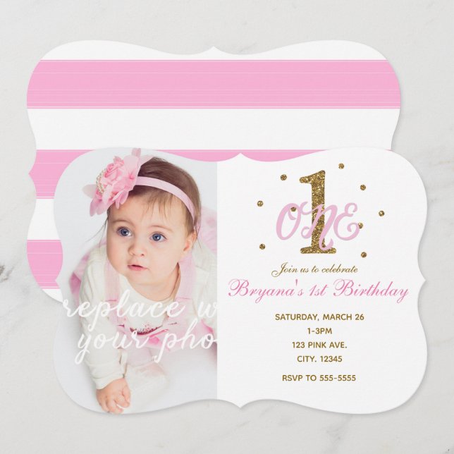 Pink & Gold Girls ONE 1st Birthday Party Photo Invitation (Front/Back)