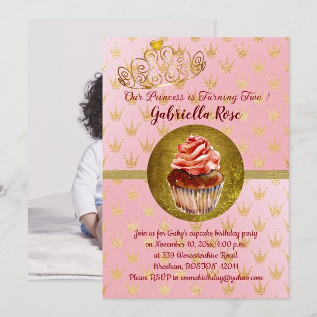Pink & Gold Girl's Photo Birthday Party Invitation (Front/Back)