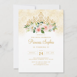Pink Gold Girls Princess Floral Tiara Birthday Invitation