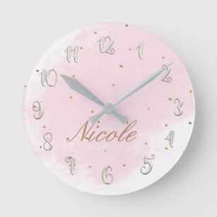 Pink & Gold Girly Glam Modern Personalised Name Round Clock