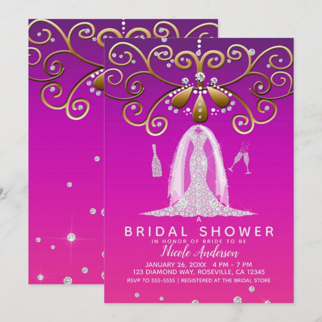 Pink Gold Glam Diamond Wedding Dress Bridal Shower Invitation (Front/Back)