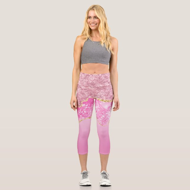 Pink Gold Glam Glitter Bling Trendy Capri Leggings (Front)