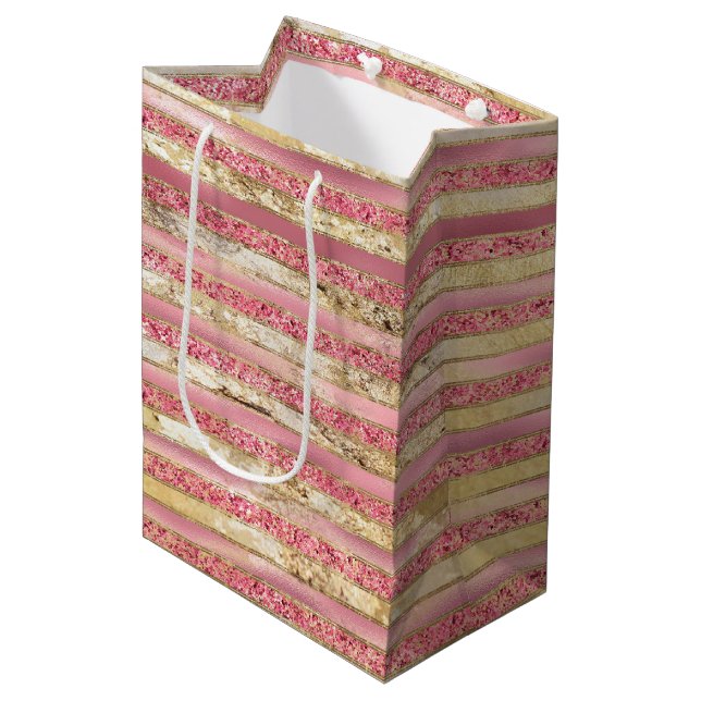 Pink Gold Glam Glitter Stripes Medium Gift Bag (Front Angled)