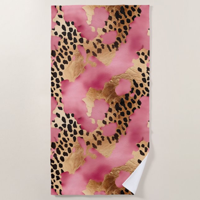 Pink Gold Glam Leopard Beach Towel (Front)