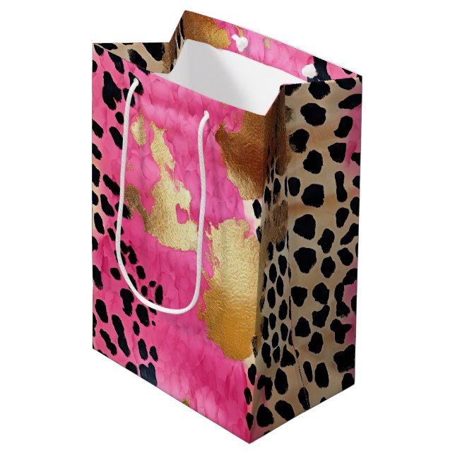 Pink Gold Glam Leopard Print Abstract Medium Gift Bag (Front Angled)
