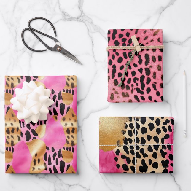 Pink Gold Glam Leopard Print Wrapping Paper Sheet (Front)