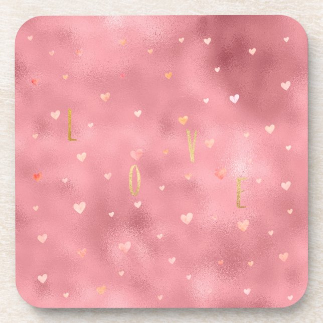 Pink Gold Glam Watercolor Love Hearts Coaster (Front)