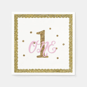 Pink & Gold Glitter 1 ONE 1st Birthday Party Napkin