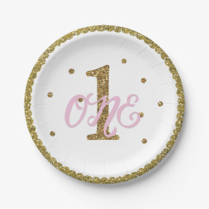 Pink & Gold Glitter 1 ONE 1st Birthday Party Paper Plate