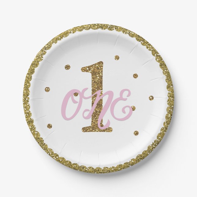 Pink & Gold Glitter 1 ONE 1st Birthday Party Paper Plate (Front)