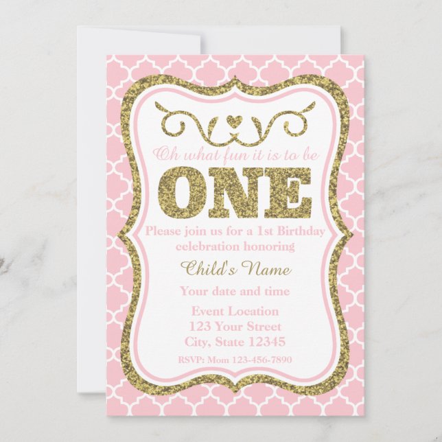 Pink Gold Glitter 1st Birthday Invite (Front)