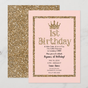 Pink Gold Glitter 1st Birthday Princess Crown Invitation