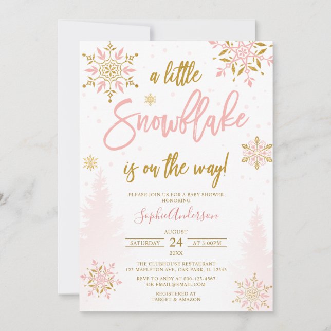 Pink Gold Glitter A Little Snowflake Baby Shower Invitation (Front)