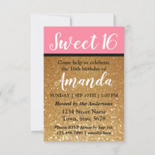 Pink + Gold Glitter A Sweet 16 Birthday Invitation