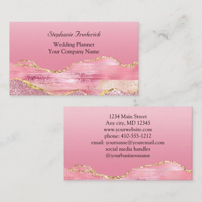 Pink Gold Glitter Agate Feminine Small Business Business Card (Front/Back)