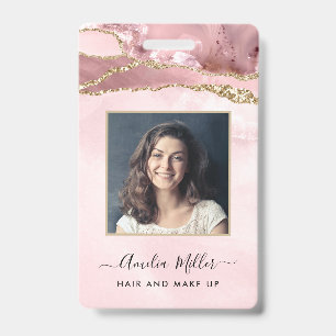 Pink Gold Glitter Agate Hair Makeup Business ID Badge