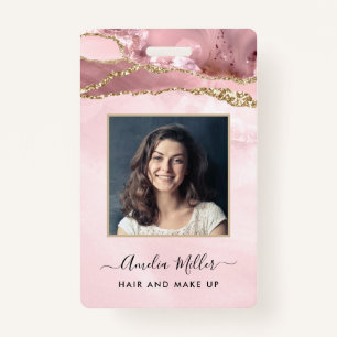 Pink Gold Glitter Agate Hair Makeup Business ID ID Badge