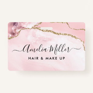 Pink Gold Glitter Agate Hair Makeup Business ID ID Badge