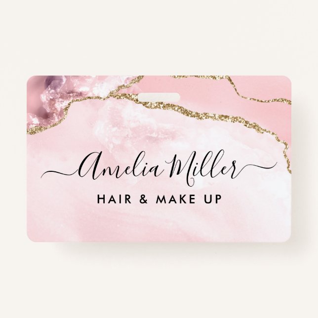 Pink Gold Glitter Agate Hair Makeup Business ID ID Badge (Front)