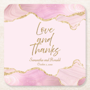 Pink & Gold Glitter Agate Love and Thanks Wedding Square Paper Coaster