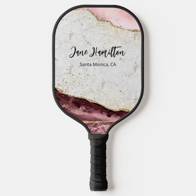 Pink Gold Glitter Agate Marble Pickleball Paddle (Front)