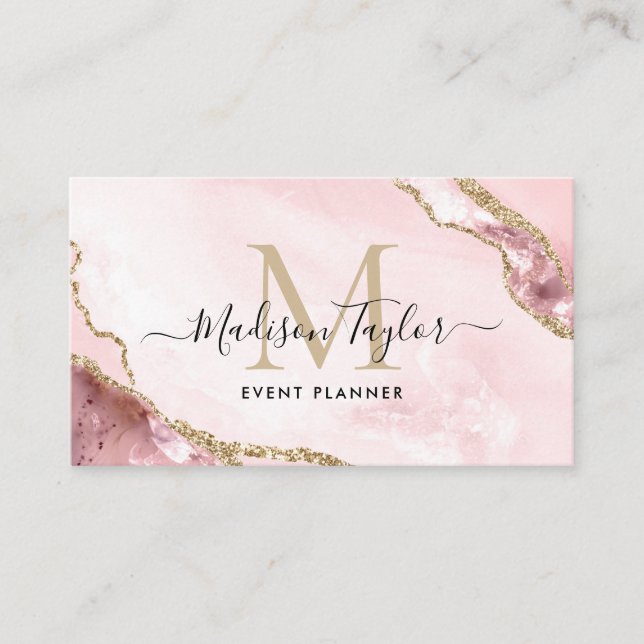 Pink Gold Glitter Agate Monogram Event Planner Business Card (Front)