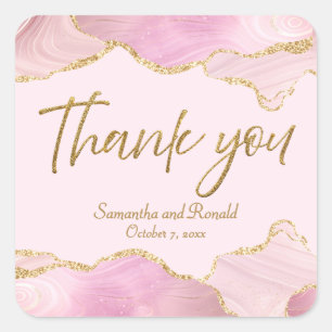 Pink & Gold Glitter Agate Thank You Wedding Square Sticker